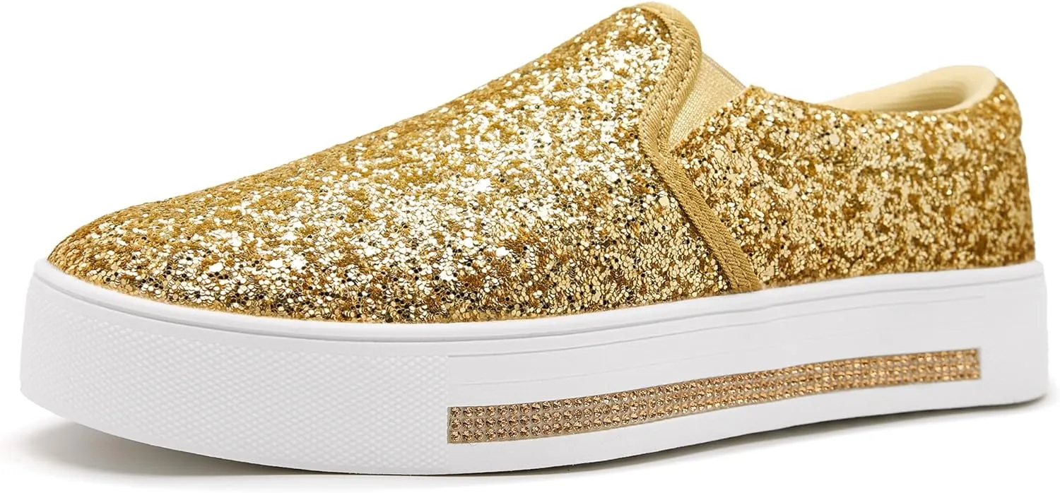 UUBARIS Women's Fashion Loafers Rhinestone Glitter Sneakers Sparkly Tennis Shoes Casual Platform Loafers Bling Slip-on Shoes
