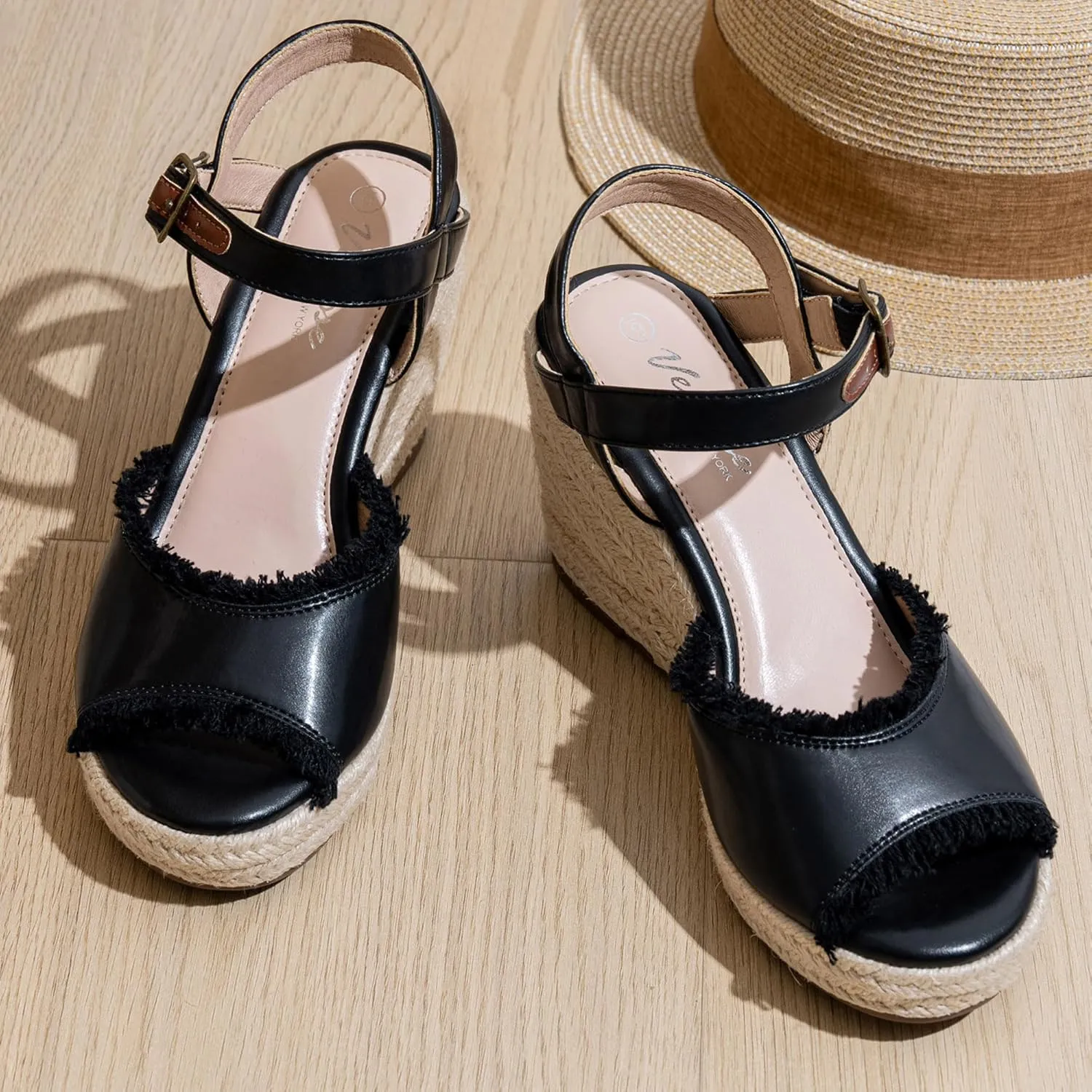 Vepose Women's 880 Wedge Sandals Peep Toe, 3.3" Inch High Heel Platform Espadrilles Sandals with Ankle Buckle