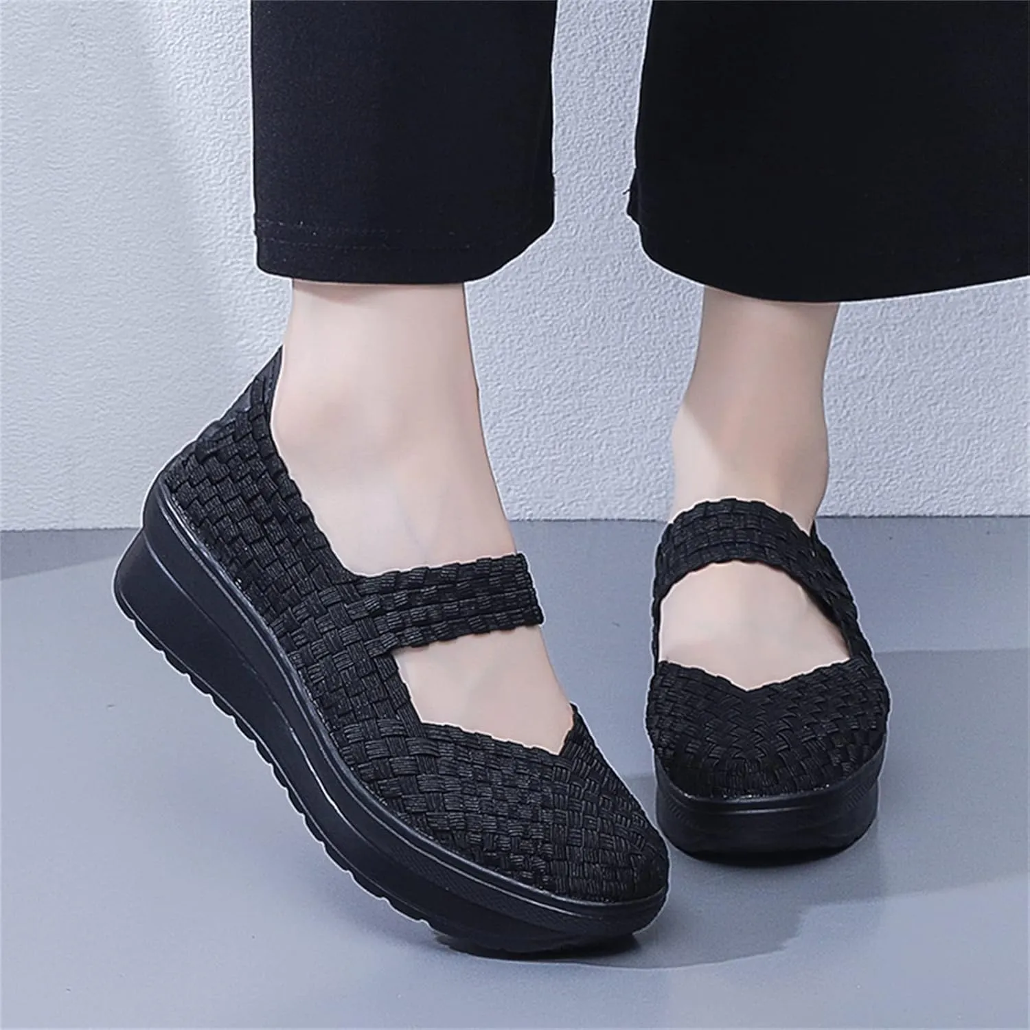 Veroders Women's Platform Wedge Closed-Toe Sandals Comfortable Walking Shoes Woven Pumps Mary Jane Shoes for School Beach