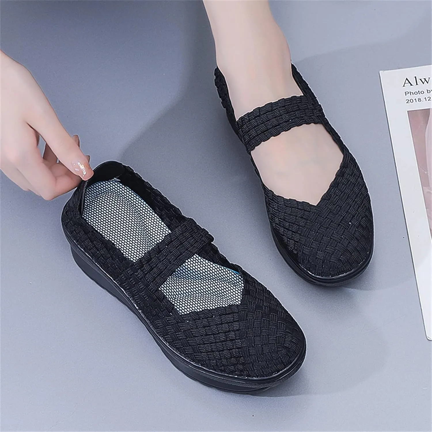 Veroders Women's Platform Wedge Closed-Toe Sandals Comfortable Walking Shoes Woven Pumps Mary Jane Shoes for School Beach