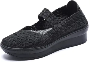 Veroders Women's Platform Wedge Closed-Toe Sandals Comfortable Walking Shoes Woven Pumps Mary Jane Shoes for School Beach