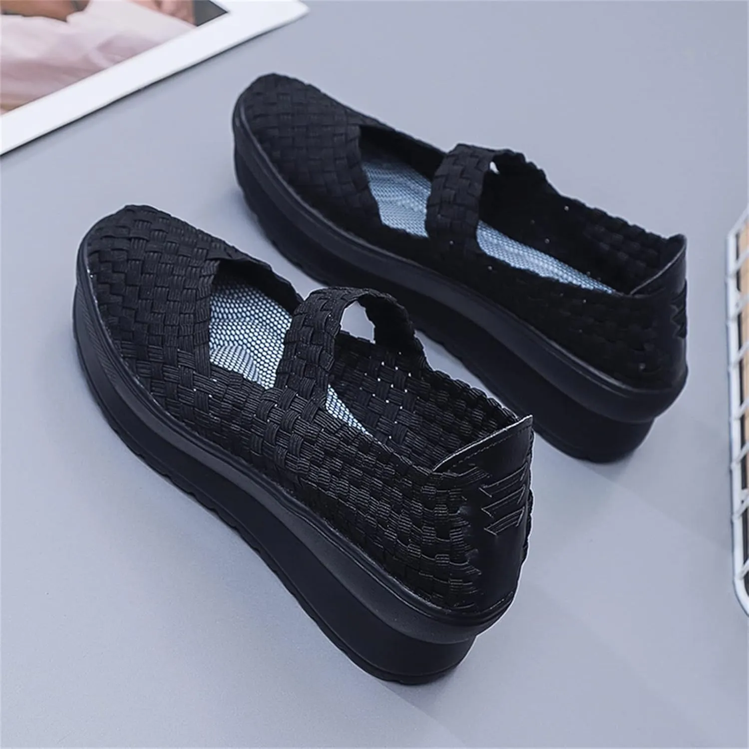 Veroders Women's Platform Wedge Closed-Toe Sandals Comfortable Walking Shoes Woven Pumps Mary Jane Shoes for School Beach
