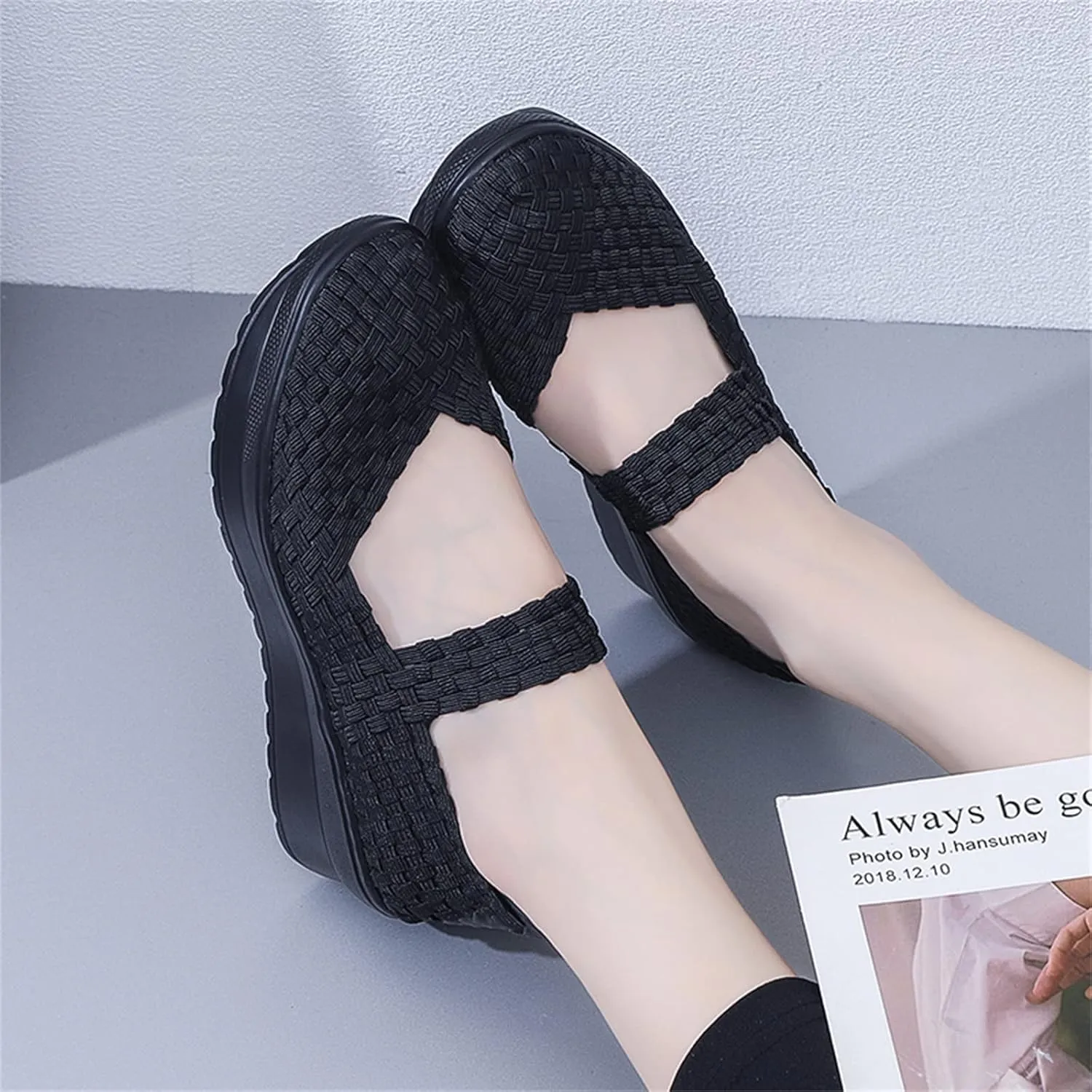 Veroders Women's Platform Wedge Closed-Toe Sandals Comfortable Walking Shoes Woven Pumps Mary Jane Shoes for School Beach