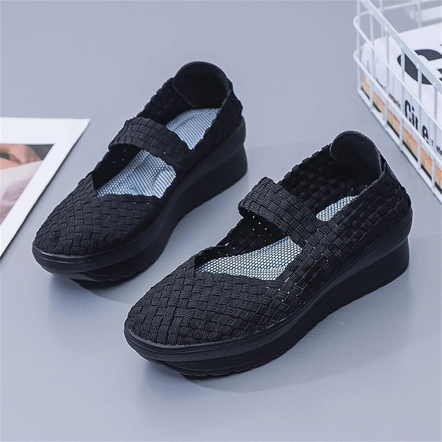 Veroders Women's Platform Wedge Closed-Toe Sandals Comfortable Walking Shoes Woven Pumps Mary Jane Shoes for School Beach