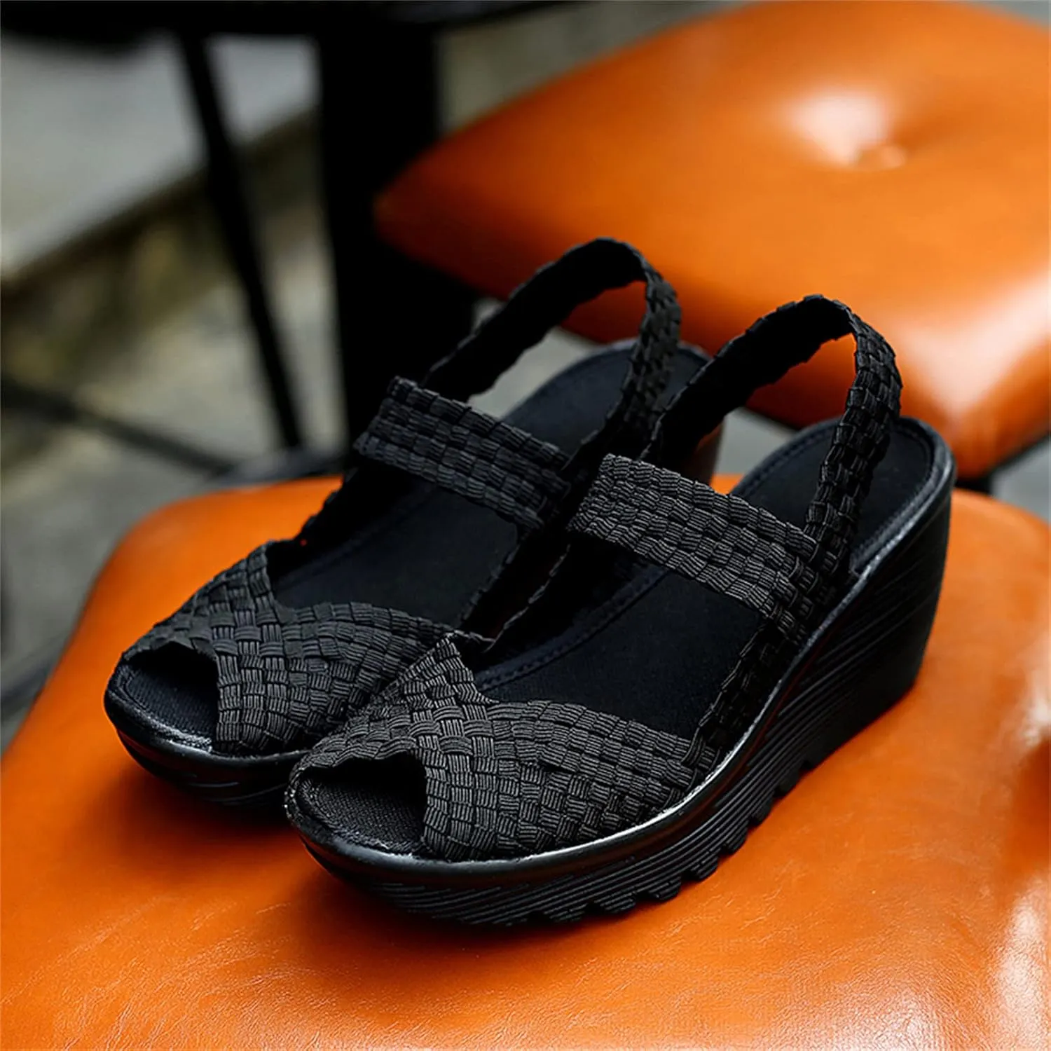 Veroders Women's Woven Elastic Sandals Breathable Flexible Comfortable Platform Wedges Sandals Walking Mary Jane Platform Sandals Shoes