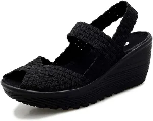 Veroders Women's Woven Elastic Sandals Breathable Flexible Comfortable Platform Wedges Sandals Walking Mary Jane Platform Sandals Shoes
