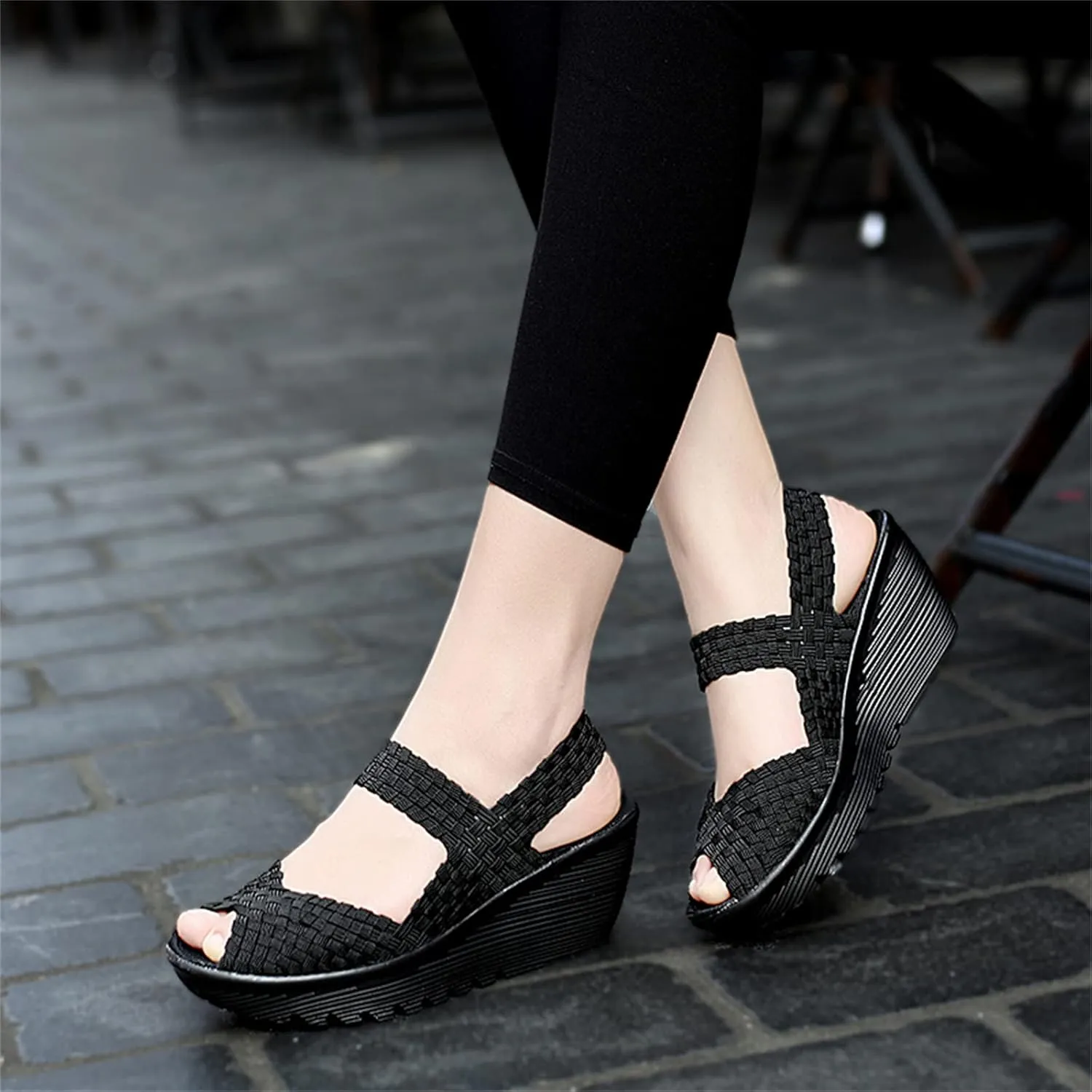 Veroders Women's Woven Elastic Sandals Breathable Flexible Comfortable Platform Wedges Sandals Walking Mary Jane Platform Sandals Shoes