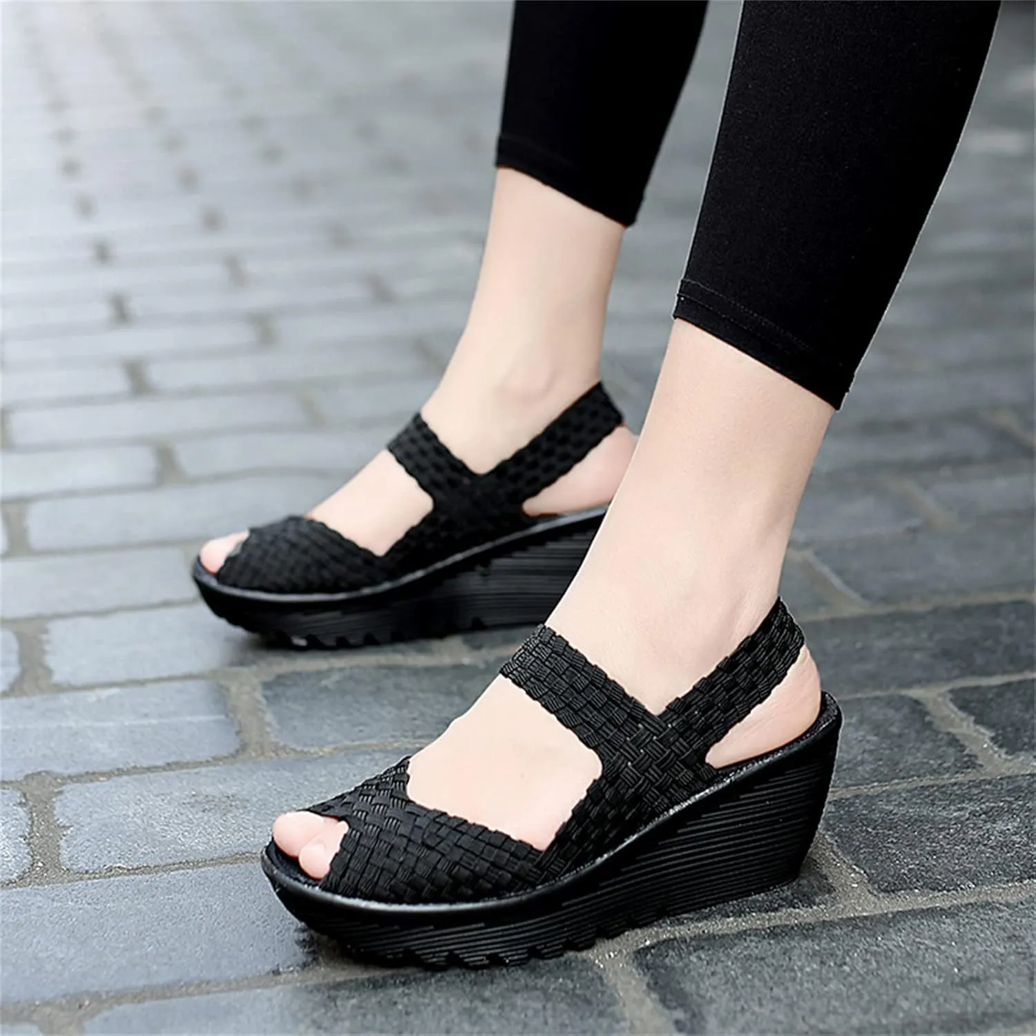 Veroders Women's Woven Elastic Sandals Breathable Flexible Comfortable Platform Wedges Sandals Walking Mary Jane Platform Sandals Shoes