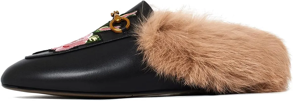 Vertundy Fur Mules with Matal Buckle Slip On Flats for Women Backless Sandals Dress Shoes Work Slides
