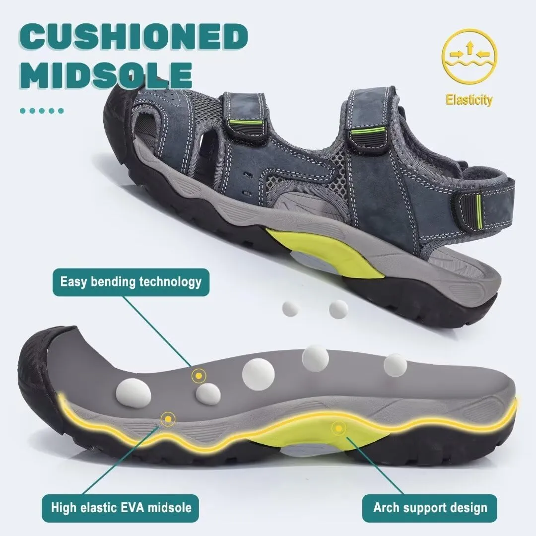 VISIONREAST Mens Leather Sandals - Outdoor Hiking & Waterproof Athletic Sports Sandals - Fisherman Beach Shoes with Closed Toe