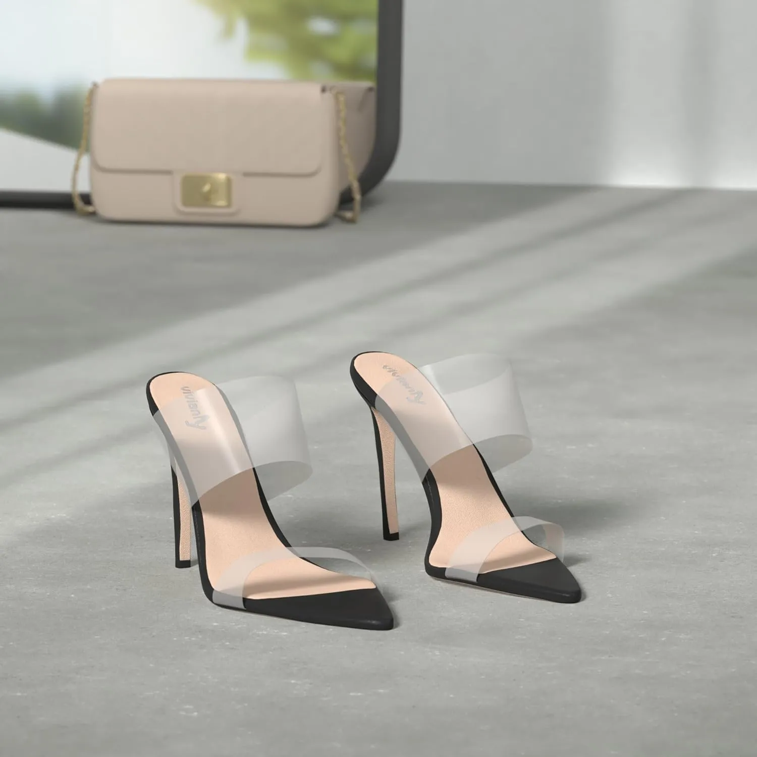 vivianly Clear Pointed Toe Heels Sandals Transparent Strap Stiletto High Heels Slip on Mules for Women