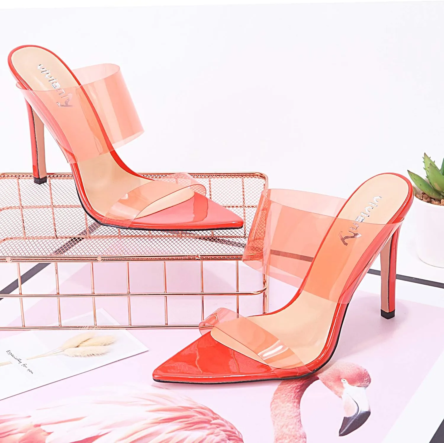 vivianly Clear Pointed Toe Heels Sandals Transparent Strap Stiletto High Heels Slip on Mules for Women