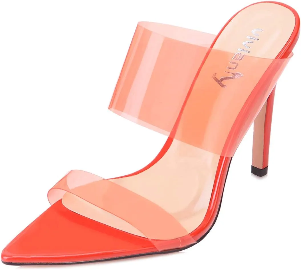 vivianly Clear Pointed Toe Heels Sandals Transparent Strap Stiletto High Heels Slip on Mules for Women