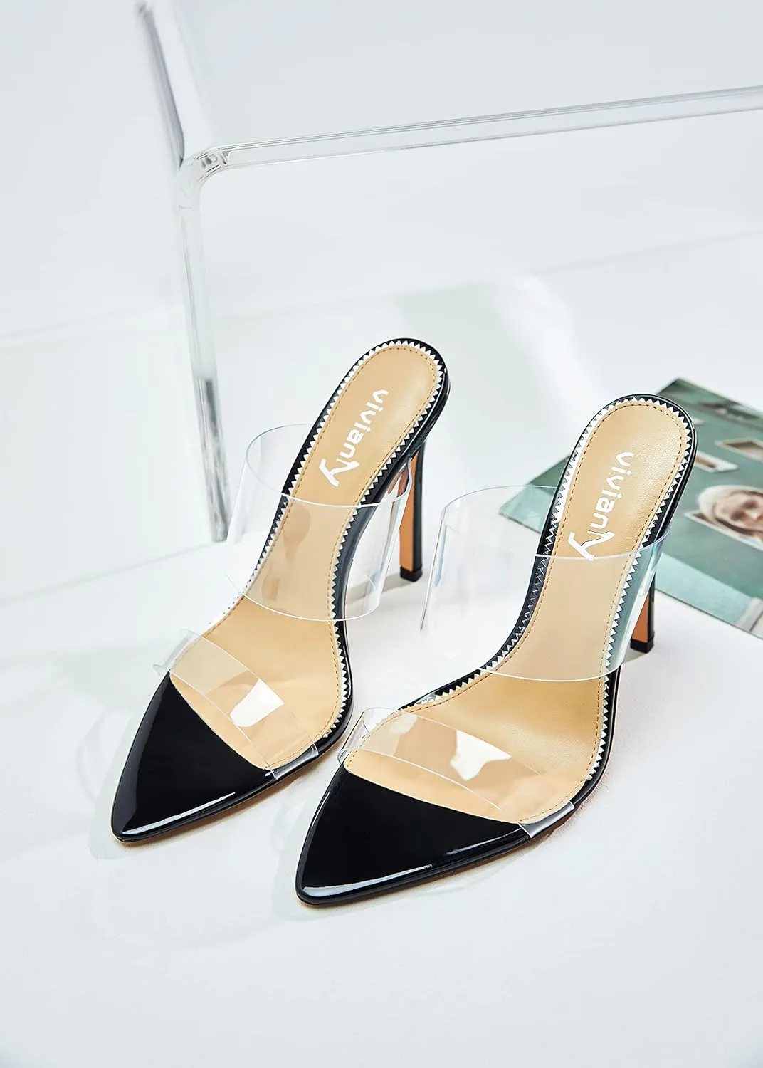 vivianly Clear Pointed Toe Heels Sandals Transparent Strap Stiletto High Heels Slip on Mules for Women