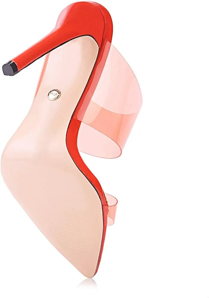 vivianly Clear Pointed Toe Heels Sandals Transparent Strap Stiletto High Heels Slip on Mules for Women