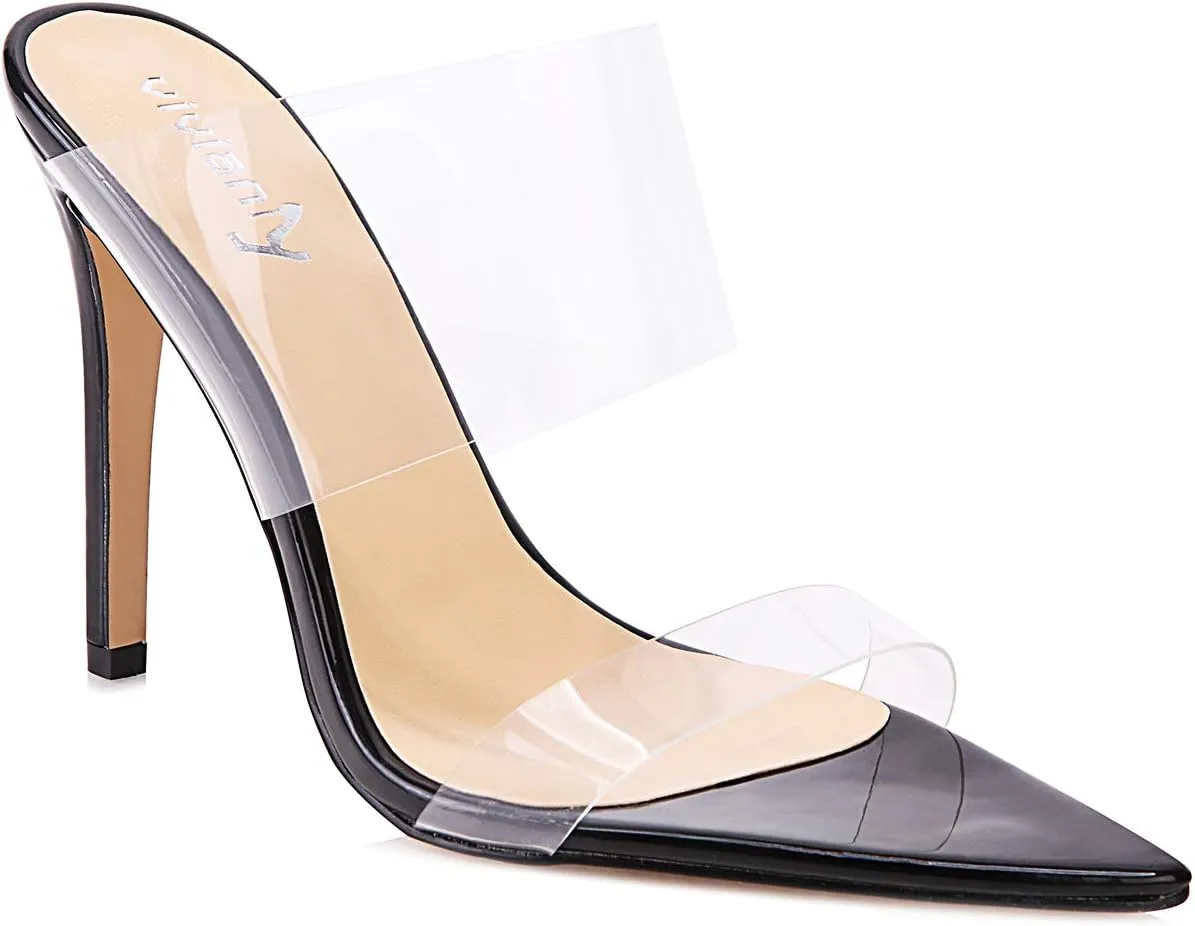 vivianly Clear Pointed Toe Heels Sandals Transparent Strap Stiletto High Heels Slip on Mules for Women