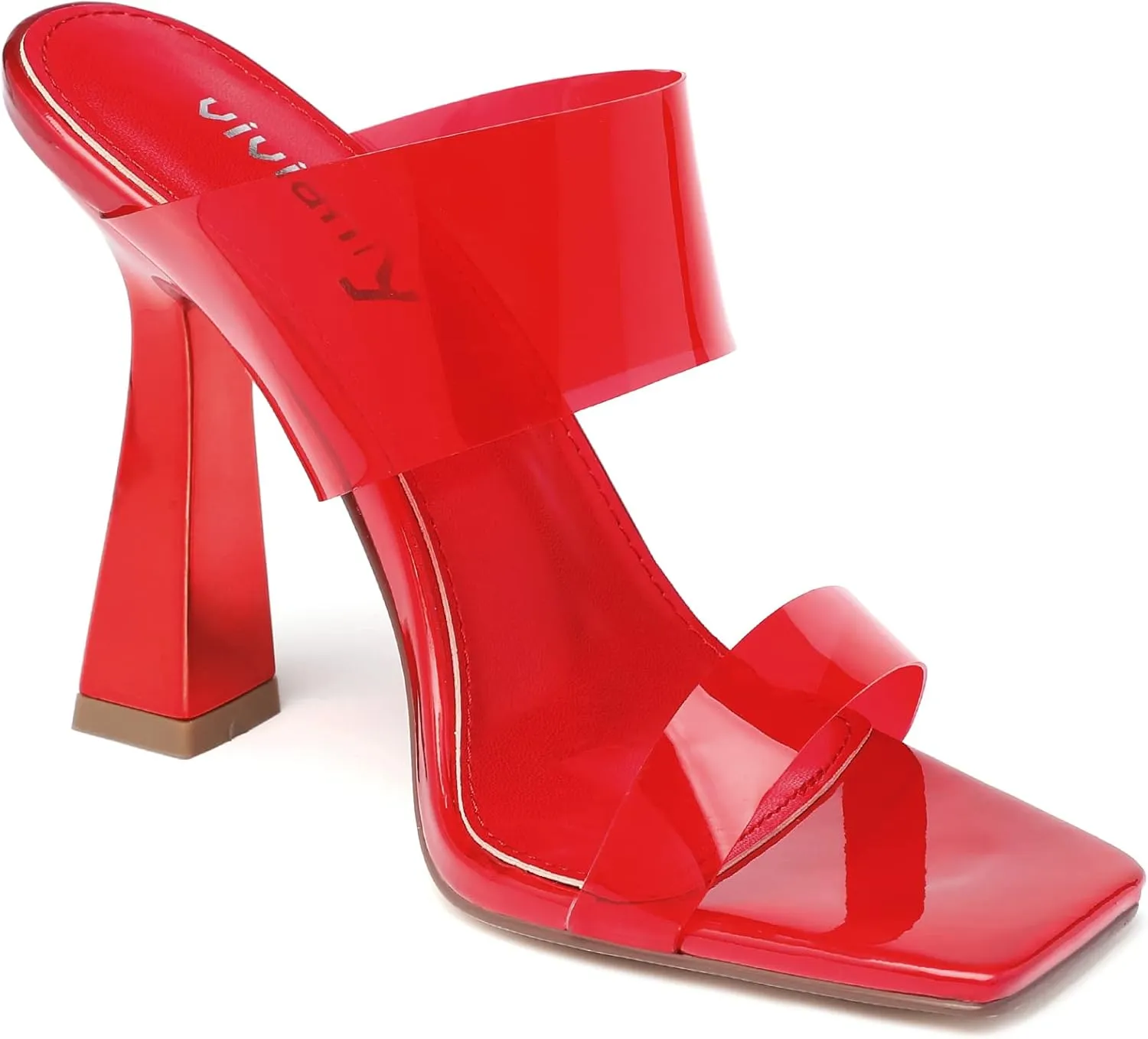 vivianly Women's Clear Heeled Sandals Transparent Straps Chunky Heels Slip on Mules