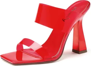 vivianly Women's Clear Heeled Sandals Transparent Straps Chunky Heels Slip on Mules