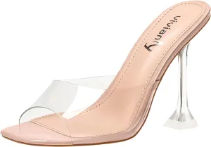 vivianly Womens Clear Heels Sandals Transparent Stiletto Heel Slippers Backless Peep Toe Slip on Heeled Mules
