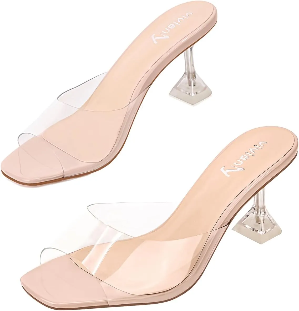 vivianly Womens Clear Heels Sandals Transparent Stiletto Heel Slippers Backless Peep Toe Slip on Heeled Mules