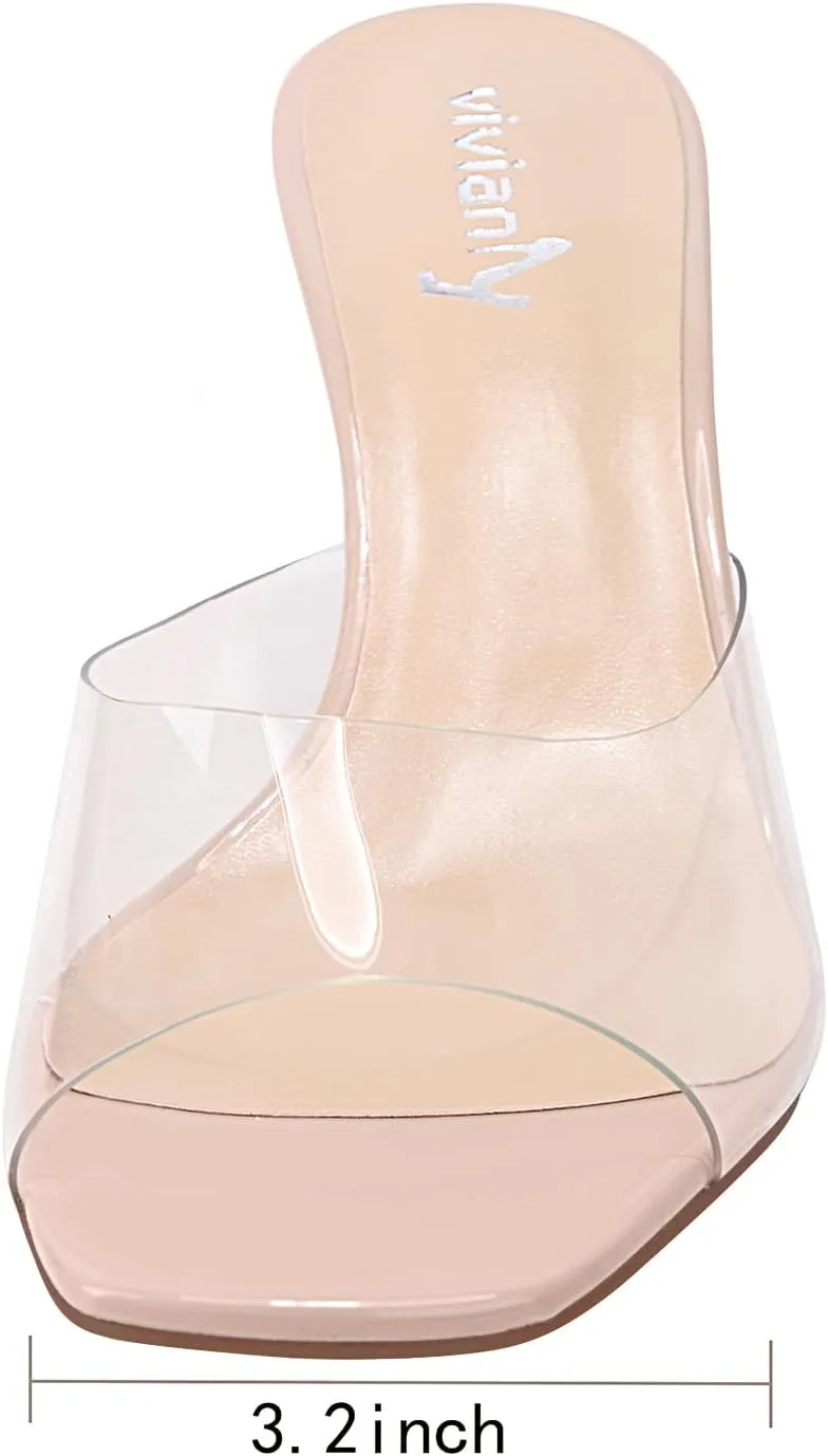 vivianly Womens Clear Heels Sandals Transparent Stiletto Heel Slippers Backless Peep Toe Slip on Heeled Mules