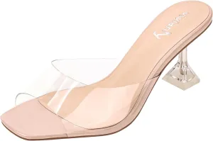 vivianly Womens Clear Heels Sandals Transparent Stiletto Heel Slippers Backless Peep Toe Slip on Heeled Mules