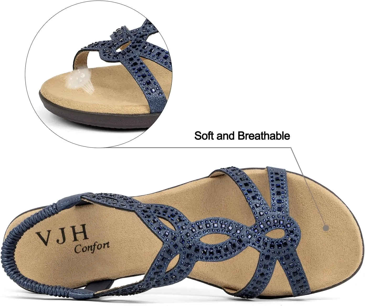 VJH confort Women’s Flat Sandals,Comfort Elastic Strap Rhinestone Open Toe Slip-On Casual Walking Sandals
