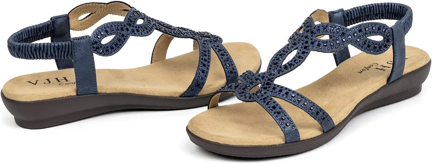 VJH confort Women’s Flat Sandals,Comfort Elastic Strap Rhinestone Open Toe Slip-On Casual Walking Sandals
