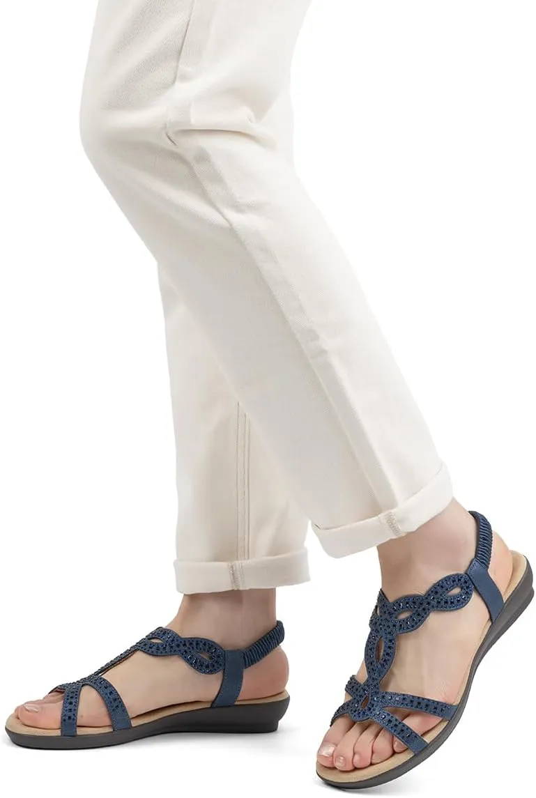 VJH confort Women’s Flat Sandals,Comfort Elastic Strap Rhinestone Open Toe Slip-On Casual Walking Sandals