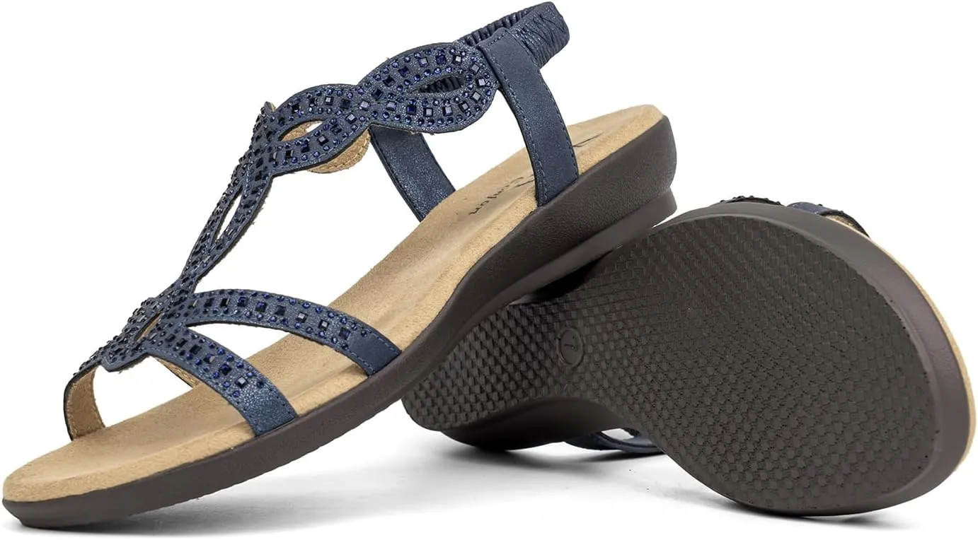 VJH confort Women’s Flat Sandals,Comfort Elastic Strap Rhinestone Open Toe Slip-On Casual Walking Sandals