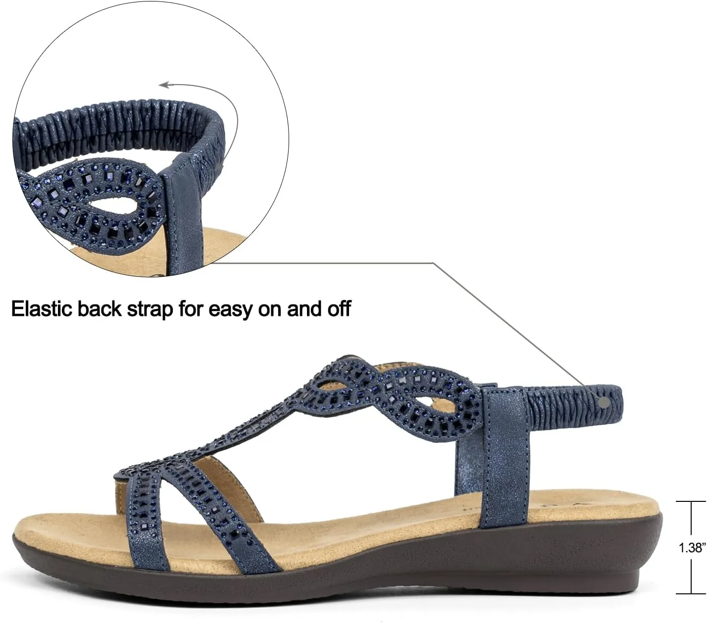 VJH confort Women’s Flat Sandals,Comfort Elastic Strap Rhinestone Open Toe Slip-On Casual Walking Sandals