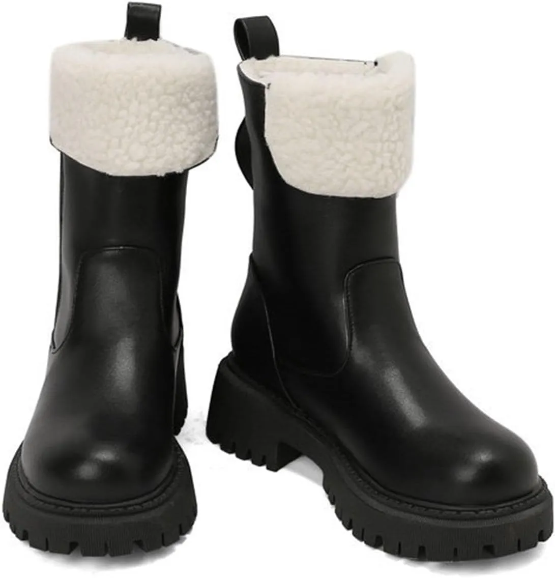 Warm Snow Boots, Women's Mid-Calf Boots Round Toe Thick Sole Thick Heel Side Zipper Raw Edge Plush Lining Boots Thick Warm Comfortable Large Cotton Shoes
