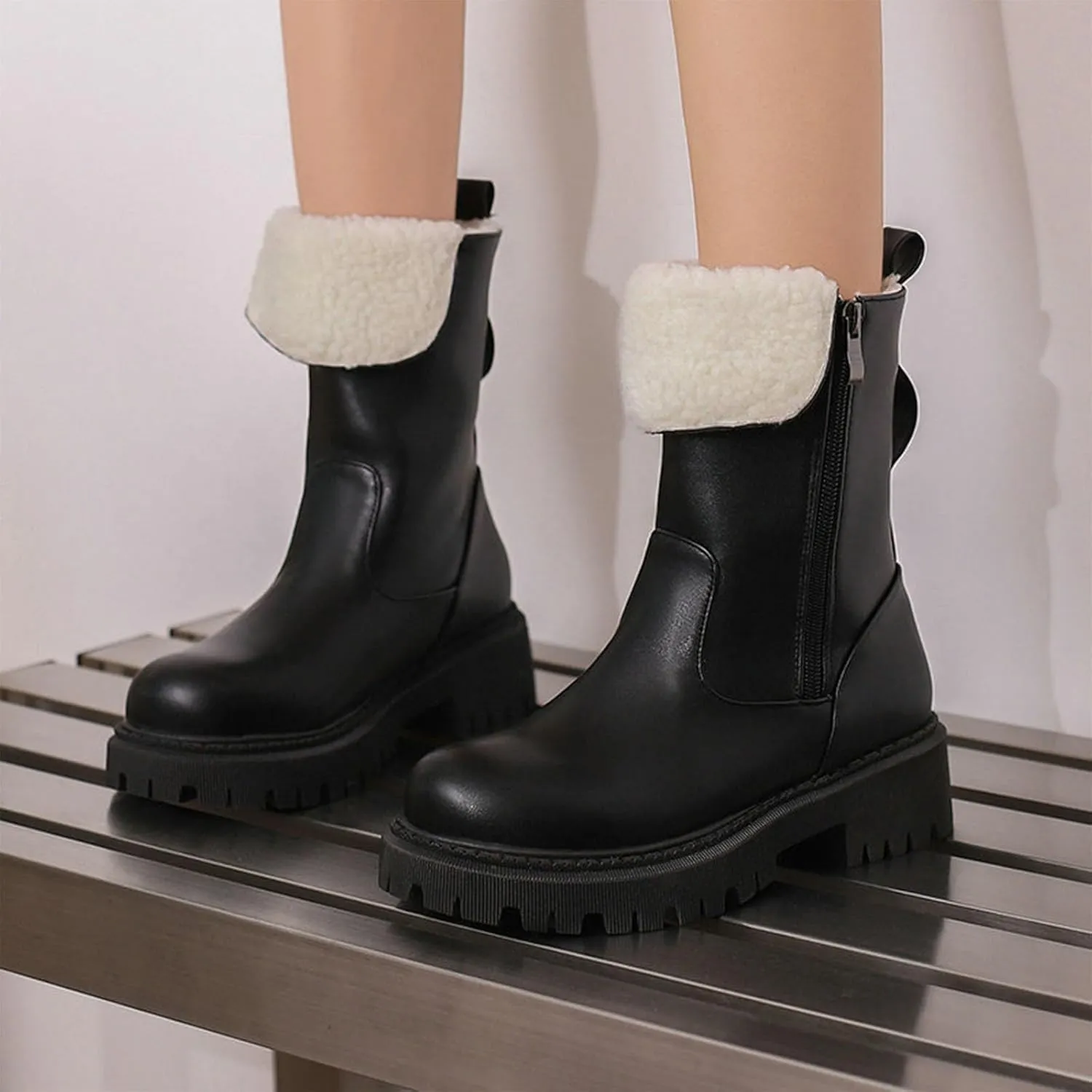 Warm Snow Boots, Women's Mid-Calf Boots Round Toe Thick Sole Thick Heel Side Zipper Raw Edge Plush Lining Boots Thick Warm Comfortable Large Cotton Shoes