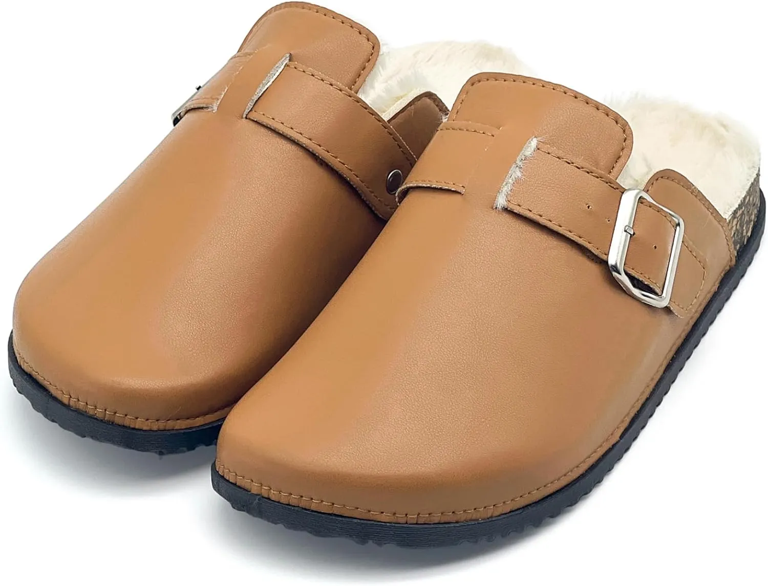 Waterproof Fur Lined Clogs for Women, PU Leather Winter Warm Fuzzy Cork Footbed Mules Slip On Patato Shoes for Indoor Outdoor