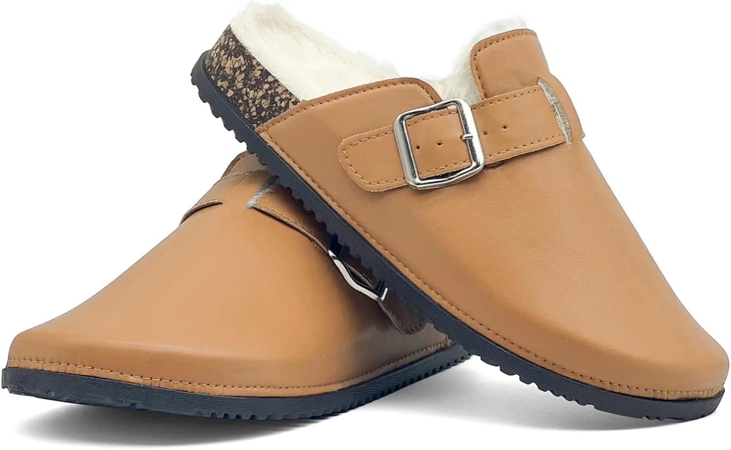 Waterproof Fur Lined Clogs for Women, PU Leather Winter Warm Fuzzy Cork Footbed Mules Slip On Patato Shoes for Indoor Outdoor