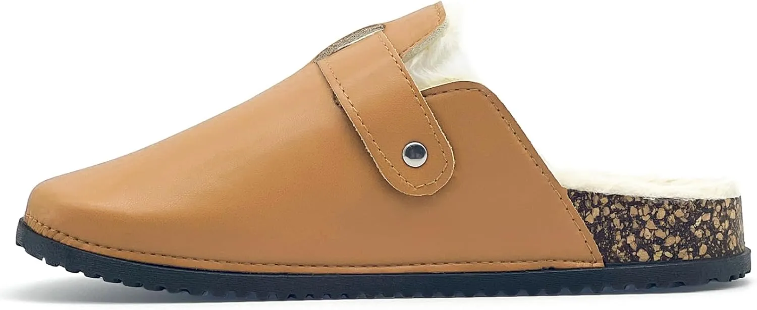 Waterproof Fur Lined Clogs for Women, PU Leather Winter Warm Fuzzy Cork Footbed Mules Slip On Patato Shoes for Indoor Outdoor