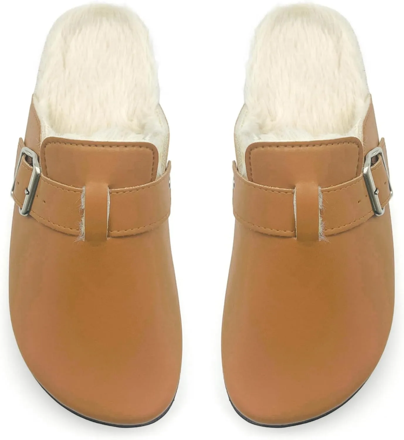 Waterproof Fur Lined Clogs for Women, PU Leather Winter Warm Fuzzy Cork Footbed Mules Slip On Patato Shoes for Indoor Outdoor