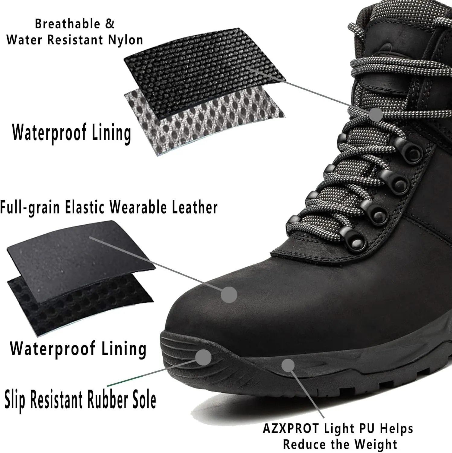 Waterproof Hiking Boots for Men, 6" Comfortable Soft Toe Shoes Mid Non Slip Hiking Shoes Outdoor Travel Shoes Leather Hiking Backpack Boots