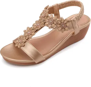 Wedge Sandals for Women Dress Elastic Ankle Strap Rhinestone Sandals Summer Comfortable Shoe