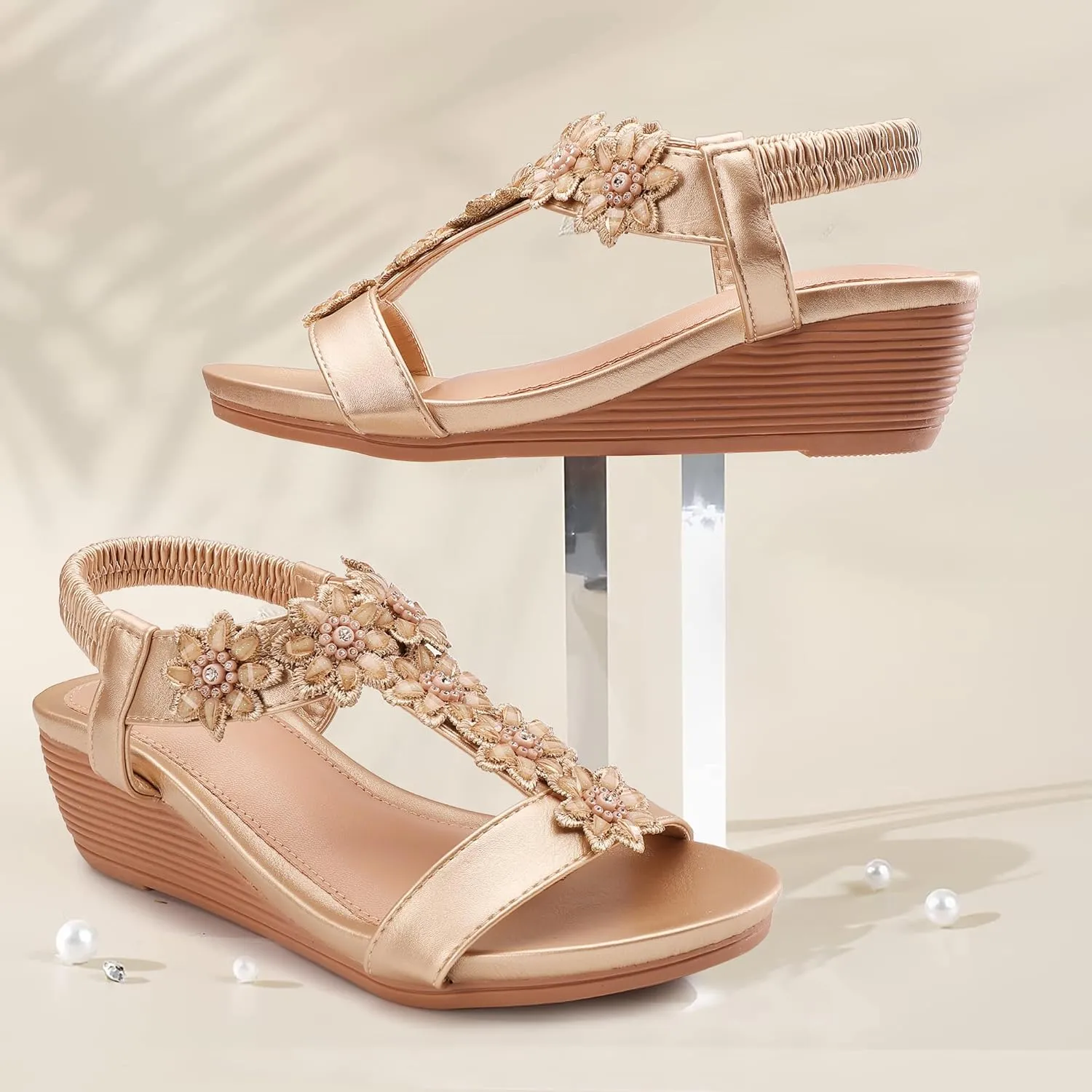 Wedge Sandals for Women Dress Elastic Ankle Strap Rhinestone Sandals Summer Comfortable Shoe