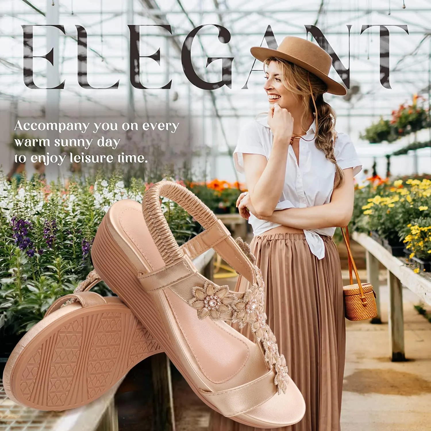 Wedge Sandals for Women Dress Elastic Ankle Strap Rhinestone Sandals Summer Comfortable Shoe