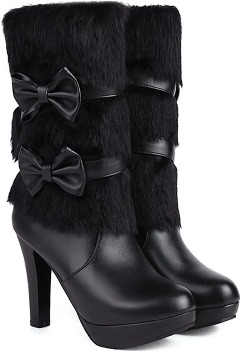 WENOREG Women's Bowknot Furry High Heel Mid Calf Boots,Fashion Side Zipper Winter Sweet Warm Faux Fur Lined Outdoor Round Toe Chunky High Heel Snow Boots