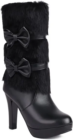 WENOREG Women's Bowknot Furry High Heel Mid Calf Boots,Fashion Side Zipper Winter Sweet Warm Faux Fur Lined Outdoor Round Toe Chunky High Heel Snow Boots