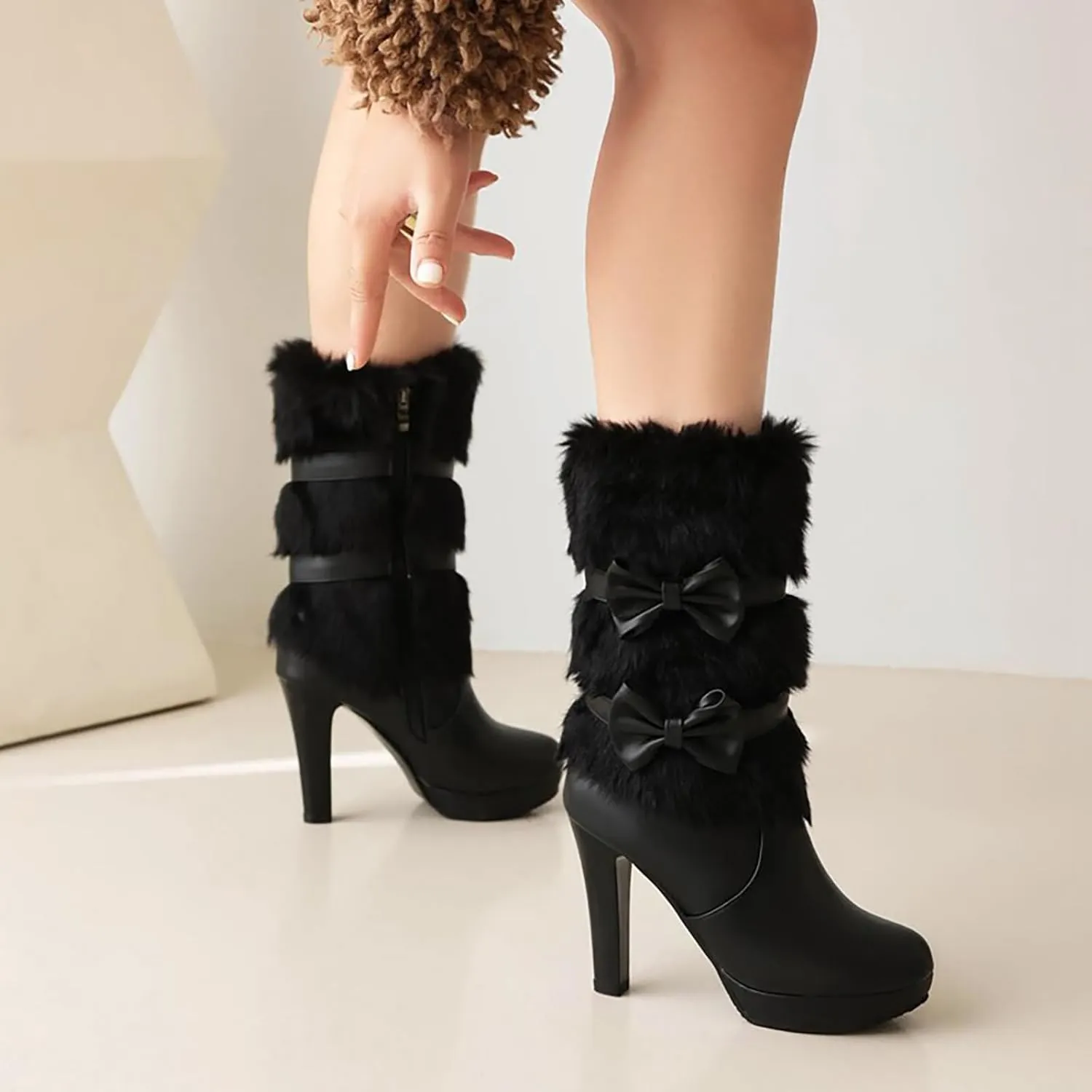 WENOREG Women's Bowknot Furry High Heel Mid Calf Boots,Fashion Side Zipper Winter Sweet Warm Faux Fur Lined Outdoor Round Toe Chunky High Heel Snow Boots