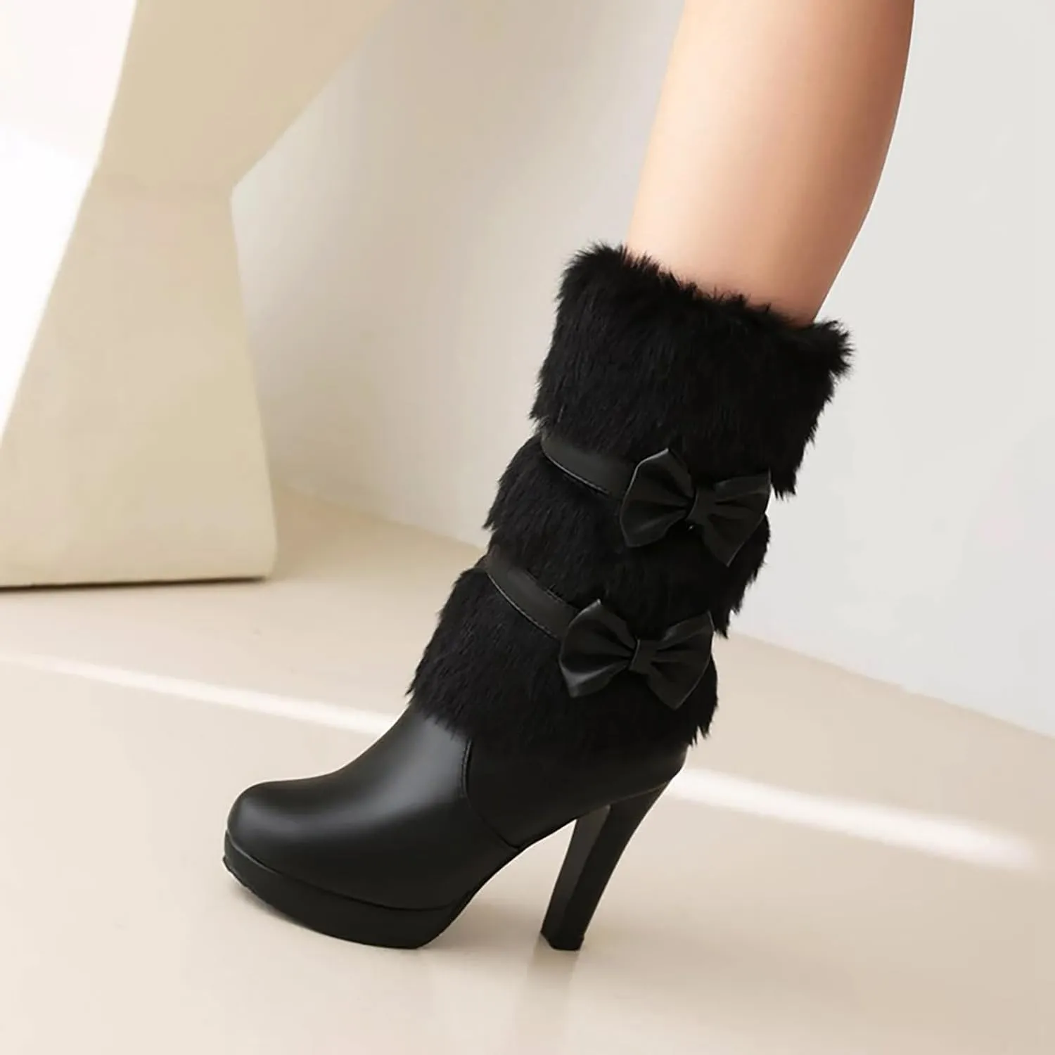WENOREG Women's Bowknot Furry High Heel Mid Calf Boots,Fashion Side Zipper Winter Sweet Warm Faux Fur Lined Outdoor Round Toe Chunky High Heel Snow Boots