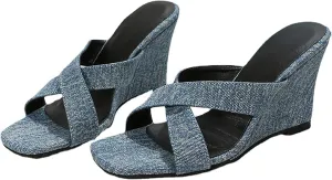 WENOREG Women's Square Toe Crossover Strap Platforms Wedge Sandals,Summer Fashion Open Toe Denim Comfortable Slip On Casual High Heels Sandals Dress Heels Wedges Slippers