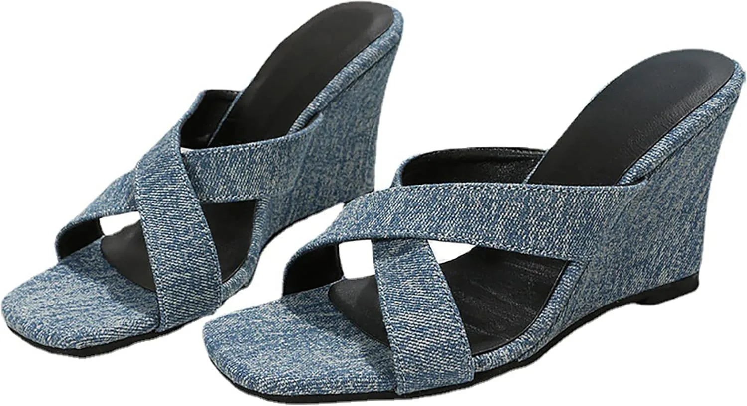 WENOREG Women's Square Toe Crossover Strap Platforms Wedge Sandals,Summer Fashion Open Toe Denim Comfortable Slip On Casual High Heels Sandals Dress Heels Wedges Slippers