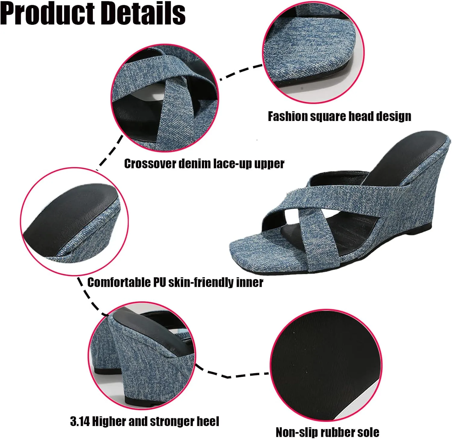 WENOREG Women's Square Toe Crossover Strap Platforms Wedge Sandals,Summer Fashion Open Toe Denim Comfortable Slip On Casual High Heels Sandals Dress Heels Wedges Slippers