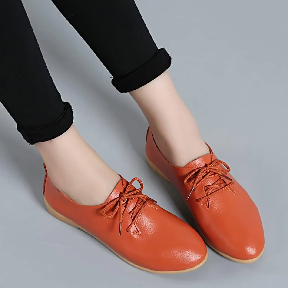 WERWAES Casual Leather Womens Loafers Lightweight Round Toe Lace Up Slip on Penny Flats Walking Outdoor Driving Moccasins Ladies Loafers