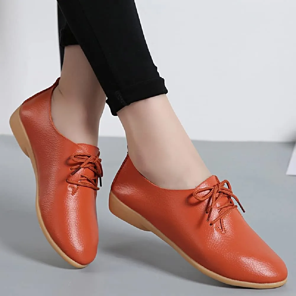 WERWAES Casual Leather Womens Loafers Lightweight Round Toe Lace Up Slip on Penny Flats Walking Outdoor Driving Moccasins Ladies Loafers
